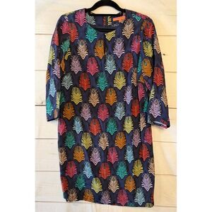 VILA GALLO Peacock Feather Print Navy Viscose Dress Size 40